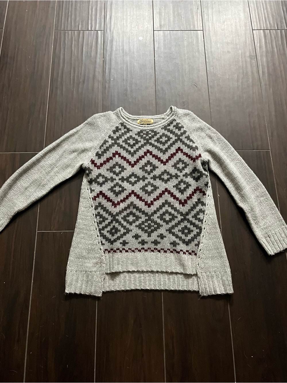 Democracy Light Gray Fair Isle Knit Sweater with Burgundy and Charcoal Pattern